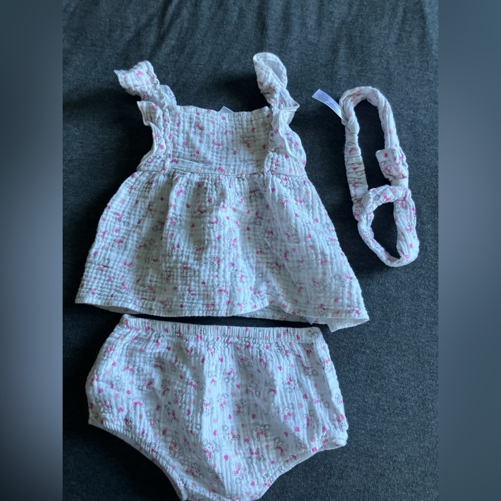 White Gauze Set With Bunnies + Matching Headband 18 Months Easter